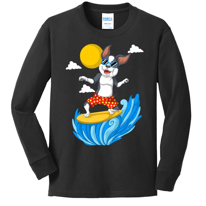 Boston Terrier Surfing Kids Long Sleeve Shirt