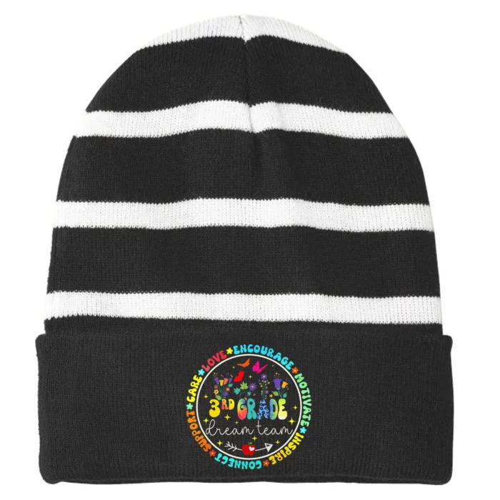 Back To School Third Grade Dream Team Teacher Flower Striped Beanie with Solid Band