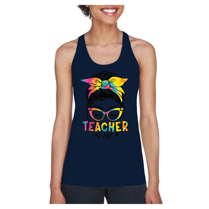 Back To School Funny Teacher Life Messy Bun Tie Dye Wo Women's Racerback Tank