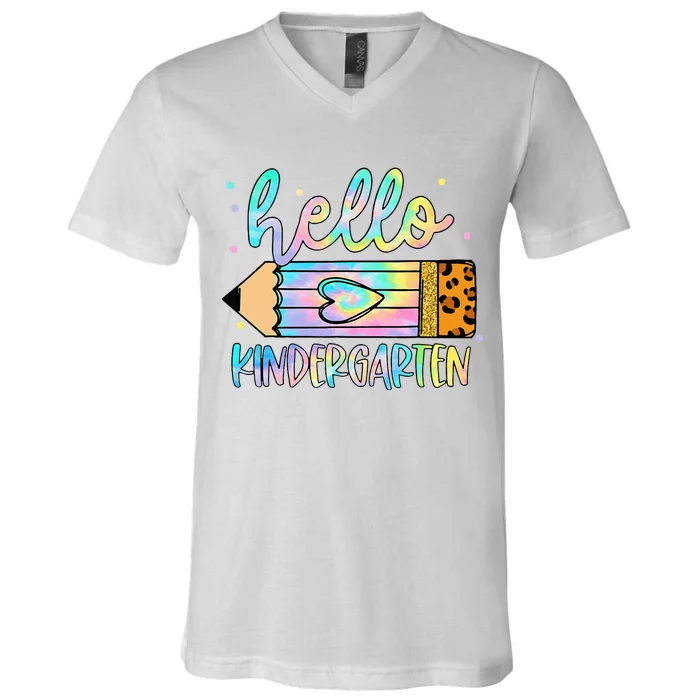 Back To School Hello Kindergarten Leopard Tie Dye Pencil V-Neck T-Shirt