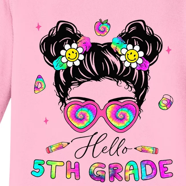 Back To School Hello 5th Grade Messy Bun First Day Baby Long Sleeve Bodysuit