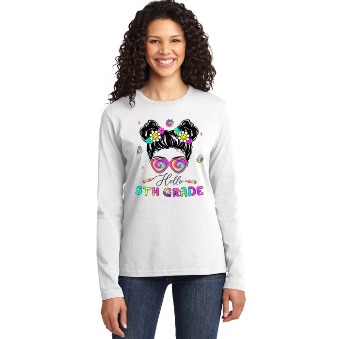 Back To School Hello 5th Grade Messy Bun First Day Ladies Long Sleeve Shirt