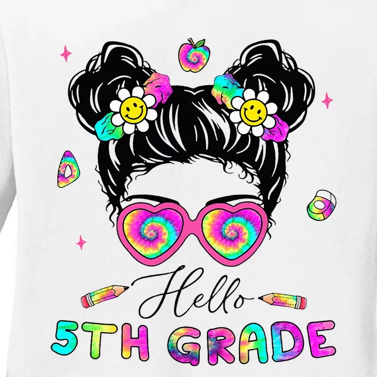 Back To School Hello 5th Grade Messy Bun First Day Ladies Long Sleeve Shirt