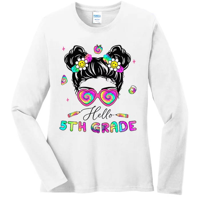 Back To School Hello 5th Grade Messy Bun First Day Ladies Long Sleeve Shirt