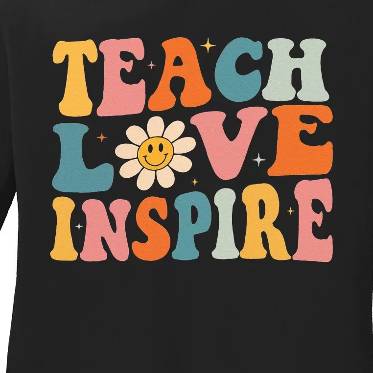 Back To School Teach Love Inspire Retro Teachers Ladies Long Sleeve Shirt