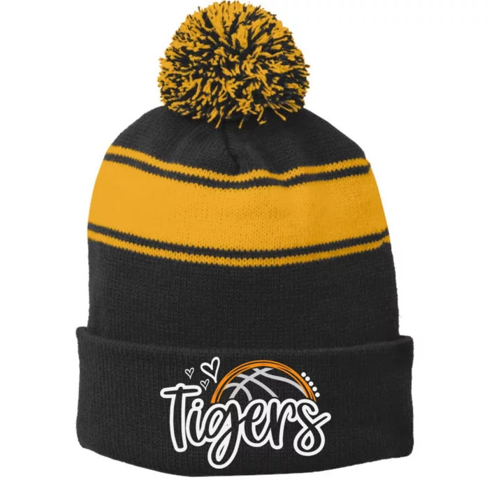 Basketball Tigers School Sports Fan Team Spirit Stripe Pom Pom Beanie