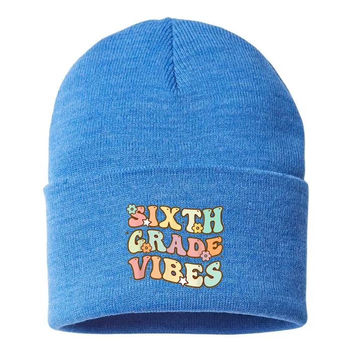 Back To School Sixth Grade Vibes Student Teacher Retro Gift Sustainable Knit Beanie