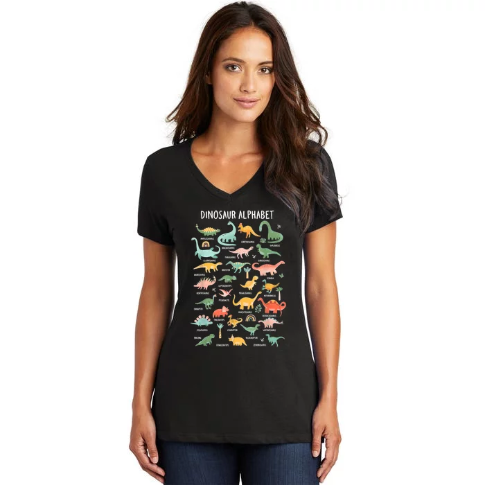 Back To School Types Of Dinosaurs Alphabet Identification Women's V-Neck T-Shirt