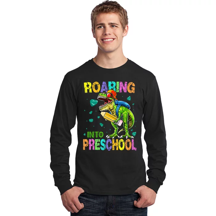 Back to School Dinosaur TRex Roaring Into Preschool Long Sleeve Shirt