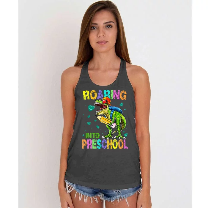 Back to School Dinosaur TRex Roaring Into Preschool Women's Knotted Racerback Tank