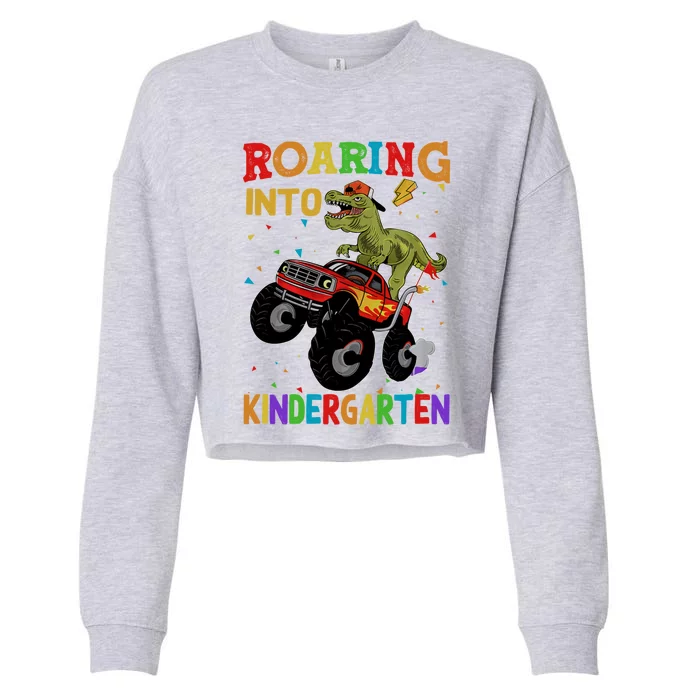 Back To School Roaring Kindergarten Dinosaur Monster Truck Gift Cropped Pullover Crew