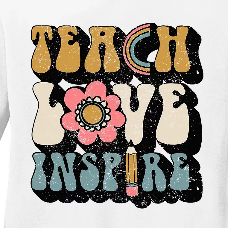 Back To School Teach Love Inspire Retro Teachers Ladies Long Sleeve Shirt