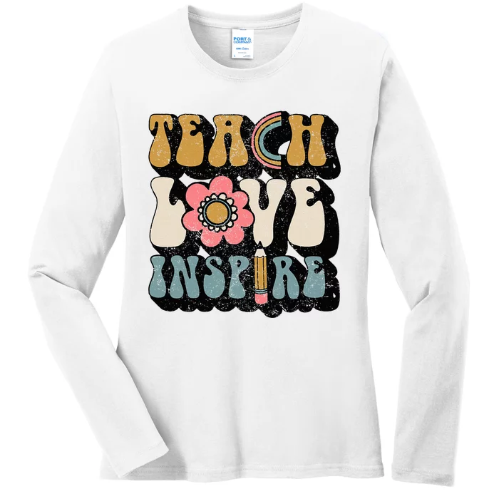 Back To School Teach Love Inspire Retro Teachers Ladies Long Sleeve Shirt