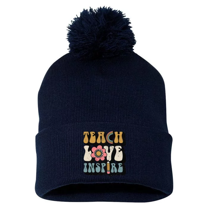 Back To School Teach Love Inspire Retro Teachers Women Pom Pom 12in Knit Beanie