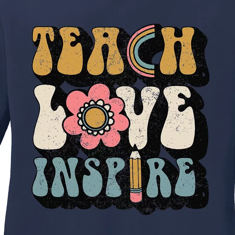 Back To School Teach Love Inspire Retro Teachers Women Ladies Long Sleeve Shirt