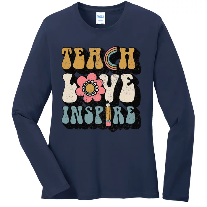 Back To School Teach Love Inspire Retro Teachers Women Ladies Long Sleeve Shirt