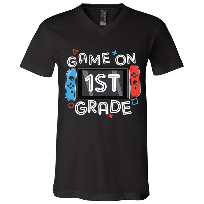 Back To School Game On 1st Grade Funny Gamer V-Neck T-Shirt