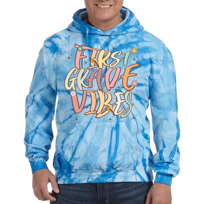 Back To School First Grade Vibes Retro Teacher Women Kids Tie Dye Hoodie