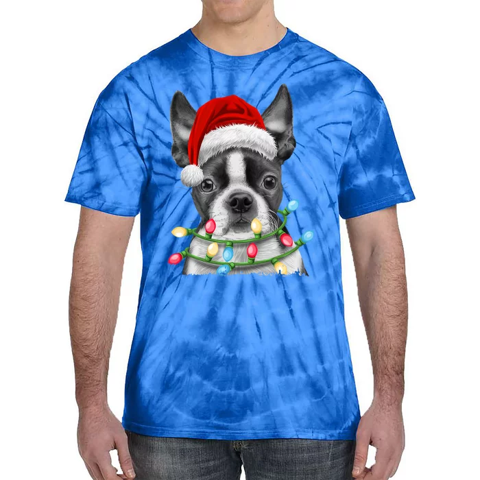 Boston Terrier Santa Christmas Tree Lights Xmas Dog Gift Tie-Dye T-Shirt