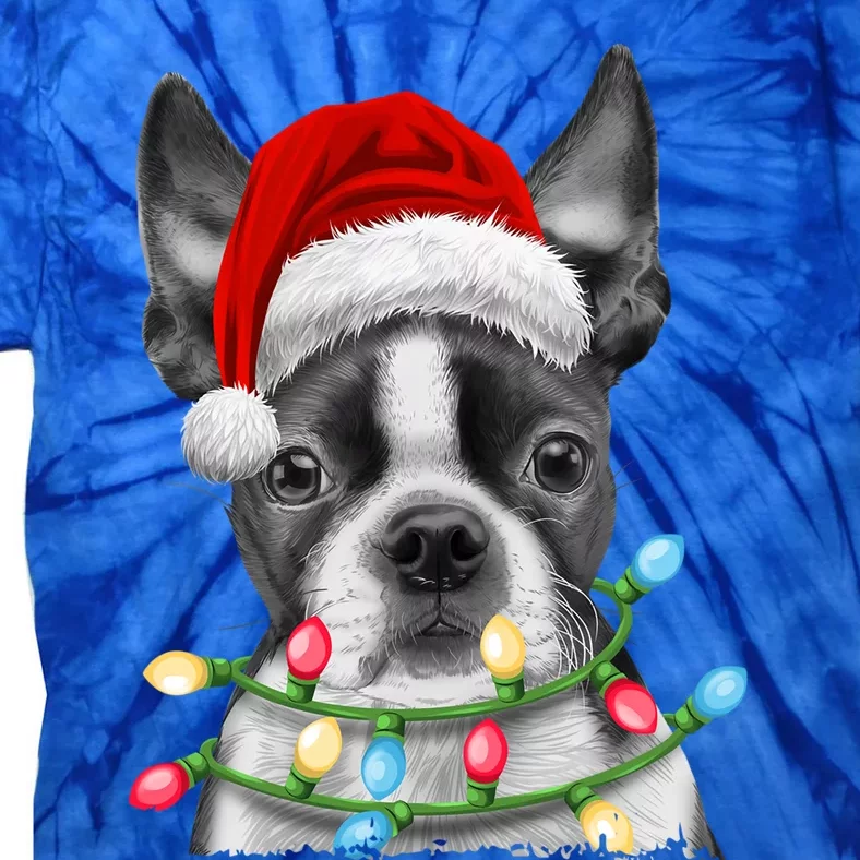 Boston Terrier Santa Christmas Tree Lights Xmas Dog Gift Tie-Dye T-Shirt