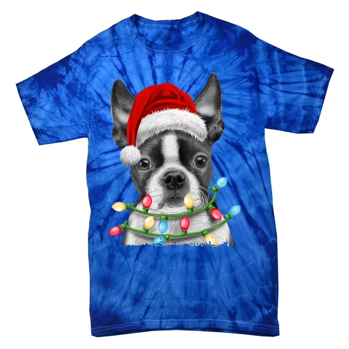 Boston Terrier Santa Christmas Tree Lights Xmas Dog Gift Tie-Dye T-Shirt