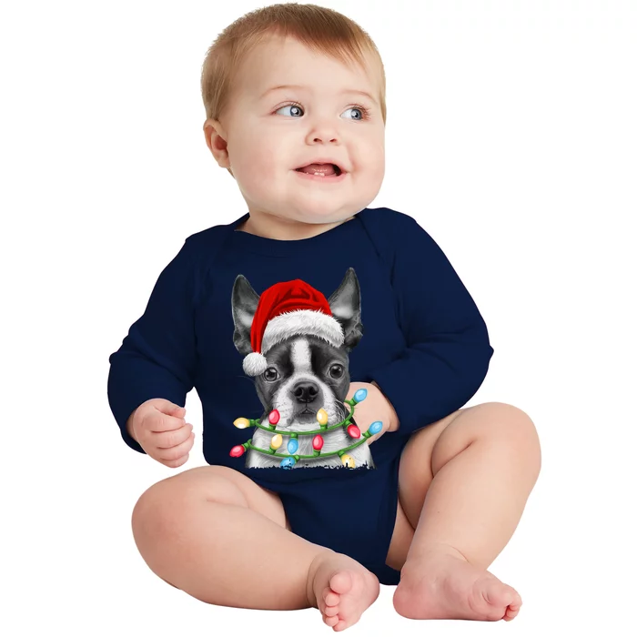 Boston Terrier Santa Christmas Tree Lights Xmas Dog Gift Baby Long Sleeve Bodysuit