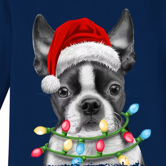 Boston Terrier Santa Christmas Tree Lights Xmas Dog Gift Baby Long Sleeve Bodysuit