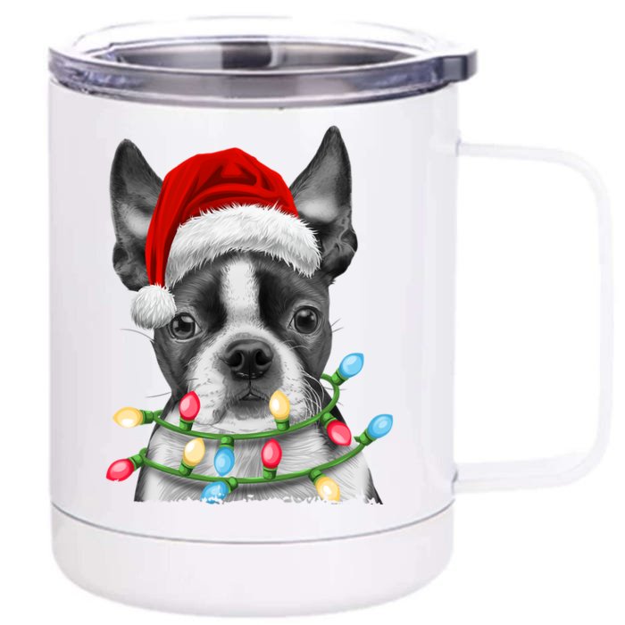 Boston Terrier Santa Christmas Tree Lights Xmas Dog Gift Front & Back 12oz Stainless Steel Tumbler Cup