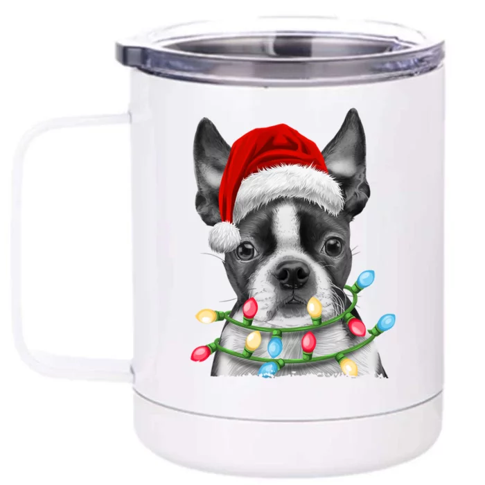 Boston Terrier Santa Christmas Tree Lights Xmas Dog Gift Front & Back 12oz Stainless Steel Tumbler Cup