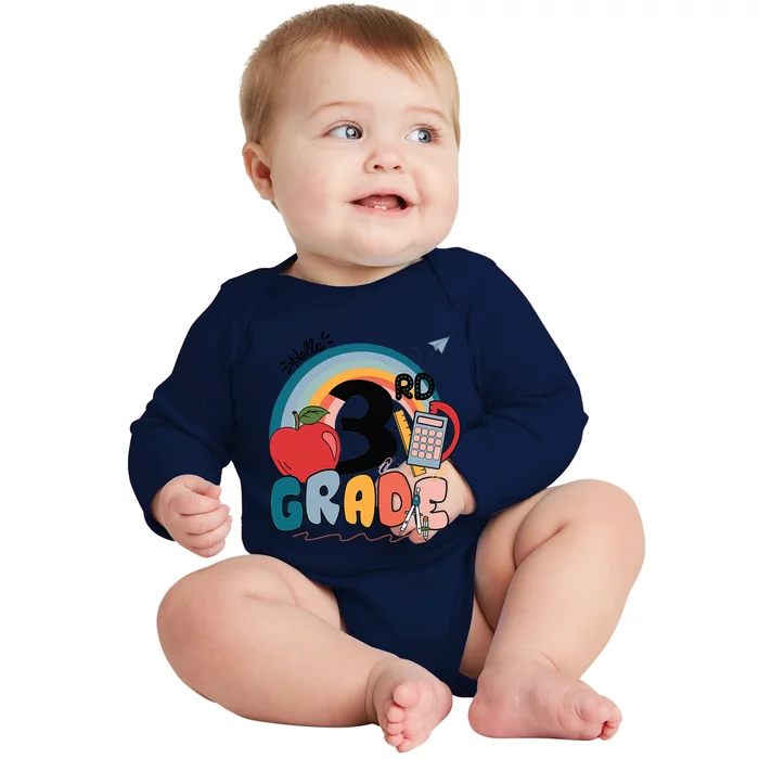 Back To School Hello 3Rd Grade Rainbowprint Second Grade Te Gift Baby Long Sleeve Bodysuit