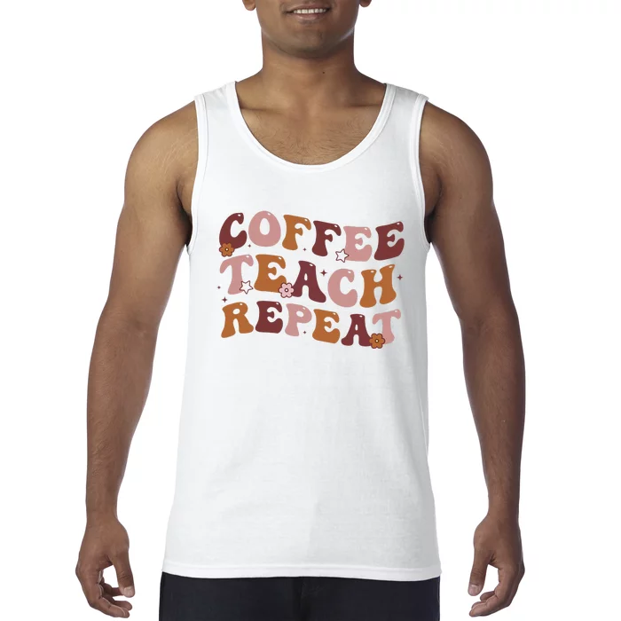 Back To School Coffee Teach Repeat Teacher Life Motivational Tank Top