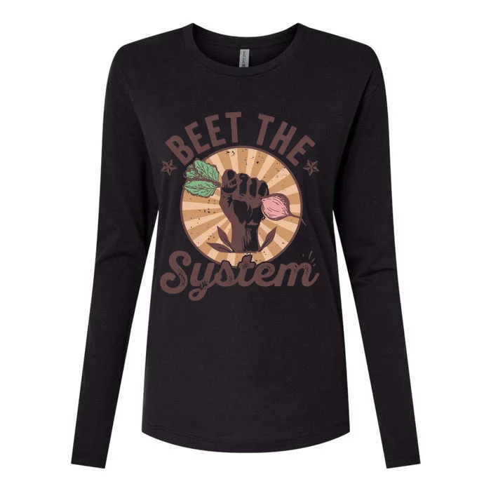 Beet The System Vegan Vegetarian Beetroot Vegetable Pun Womens Cotton Relaxed Long Sleeve T-Shirt