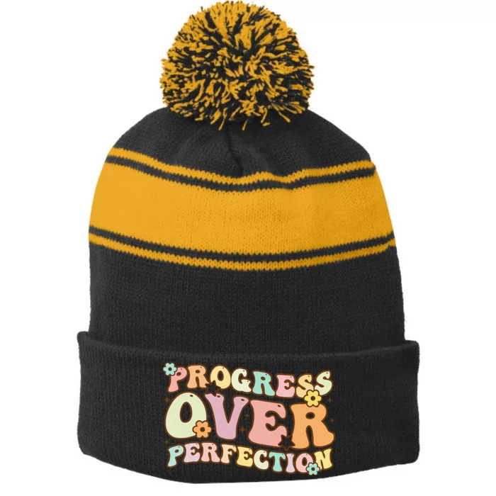 Back To School Progress Over Perfection Motivational Gifts Stripe Pom Pom Beanie