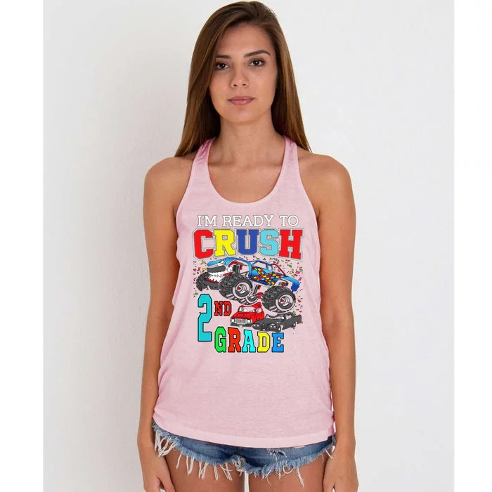 Back To School Monster Truck Ready To Crush 2nd Grade Autism Women's Knotted Racerback Tank