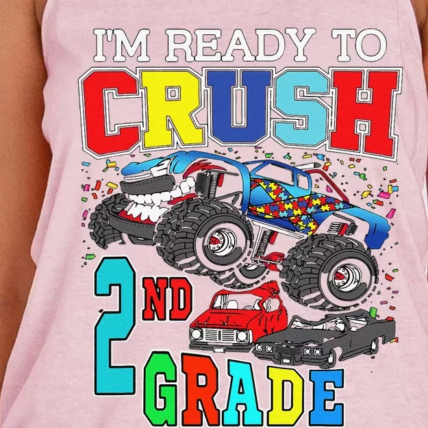 Back To School Monster Truck Ready To Crush 2nd Grade Autism Women's Knotted Racerback Tank