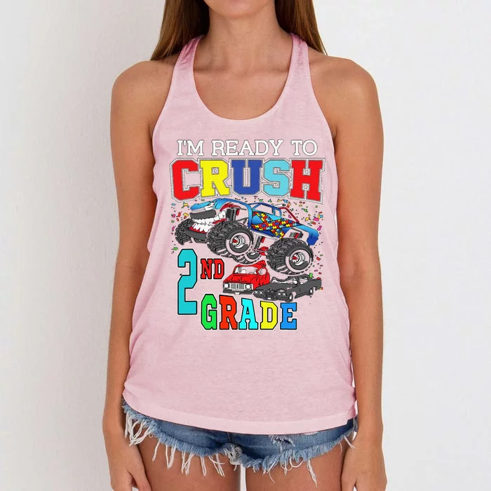 Back To School Monster Truck Ready To Crush 2nd Grade Autism Women's Knotted Racerback Tank