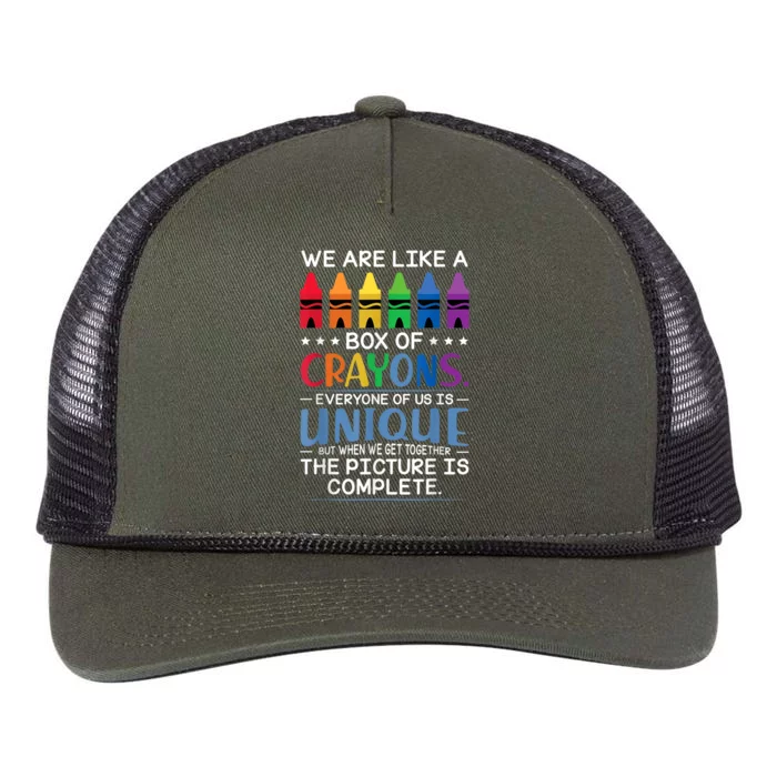 Back To School Teacher We Are Like A Box Of Crayons Retro Rope Trucker Hat Cap