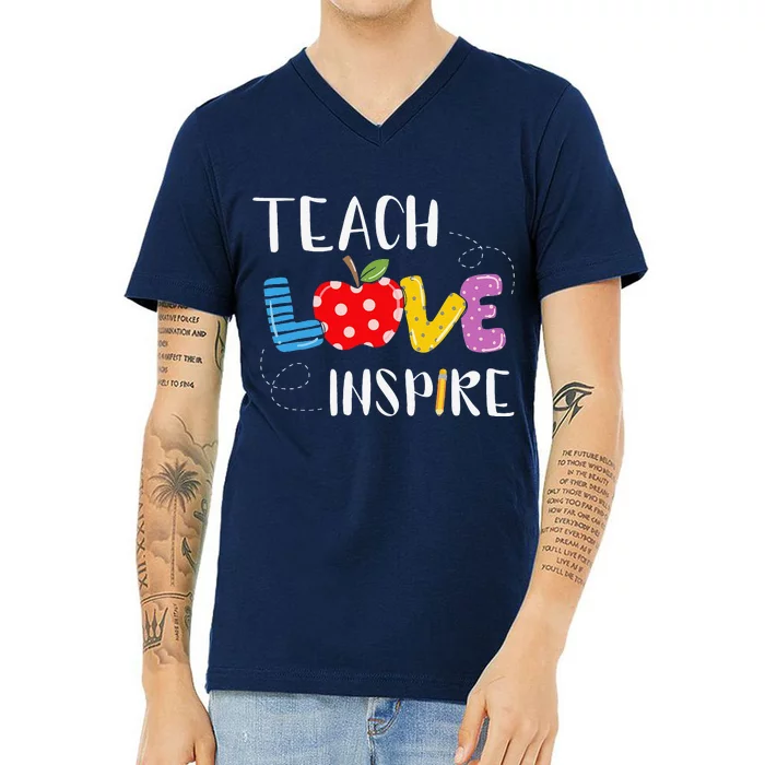 Back To School Teach Love Inspire Teaching Kindness Teacher V-Neck T-Shirt