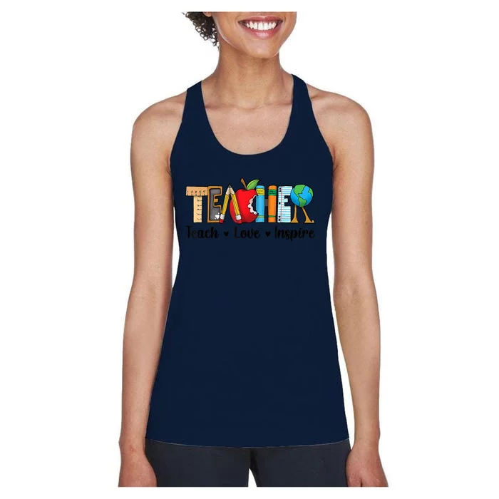 Back To School Cute Teach Love Inspire Teacher Women's Racerback Tank