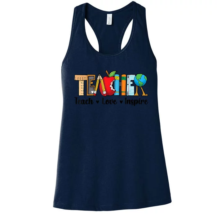 Back To School Cute Teach Love Inspire Teacher Women's Racerback Tank