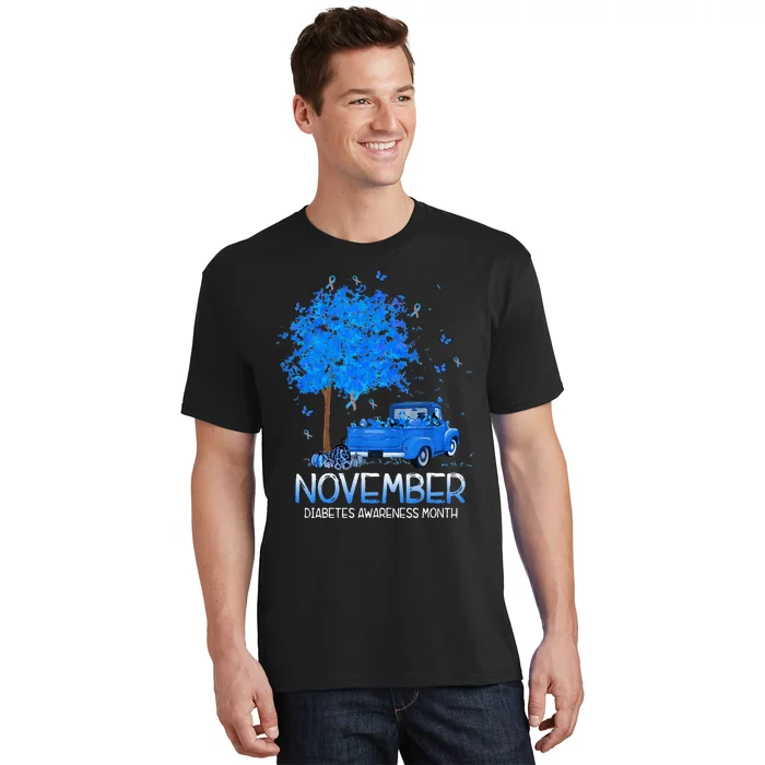 Blue Tree Truck Pumpkin November Diabetes Awareness Month T-Shirt