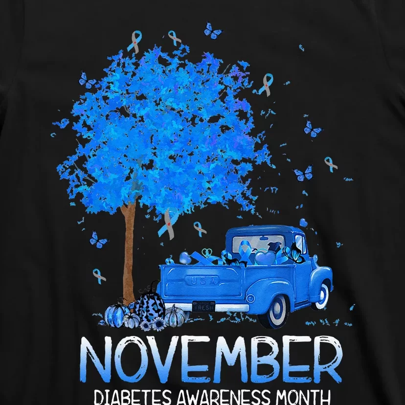 Blue Tree Truck Pumpkin November Diabetes Awareness Month T-Shirt