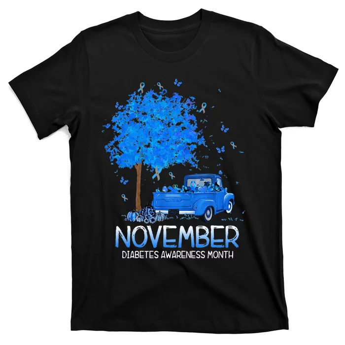 Blue Tree Truck Pumpkin November Diabetes Awareness Month T-Shirt