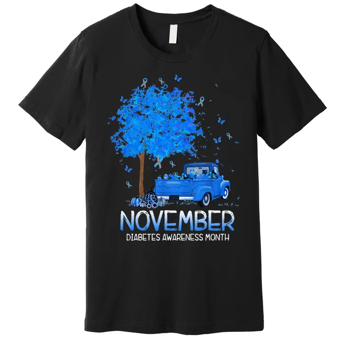 Blue Tree Truck Pumpkin November Diabetes Awareness Month Premium T-Shirt