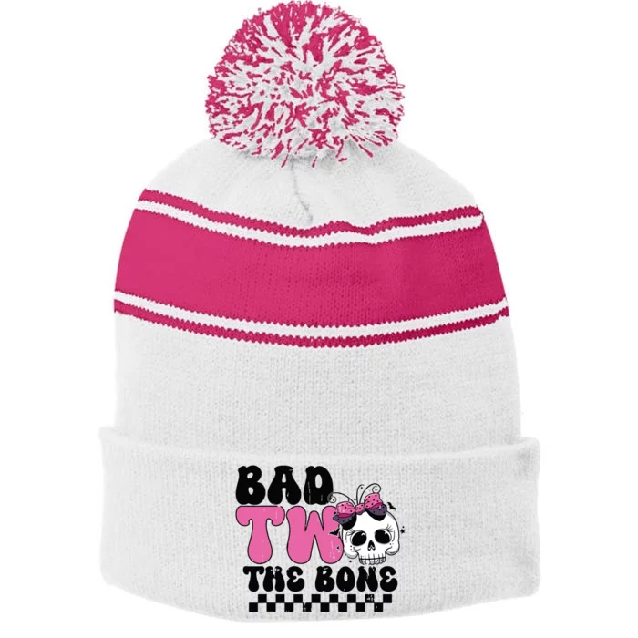 Bad Two The Bone Birthday 2nd Halloween Birthday Stripe Pom Pom Beanie