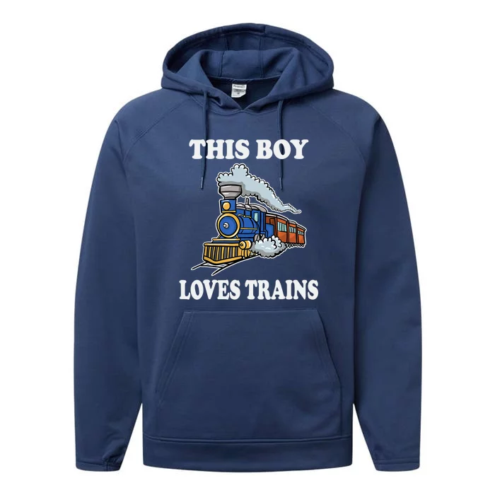 Boy Toddlers This Boy Loves Trains Wagon Lover Gifts Performance Fleece Hoodie