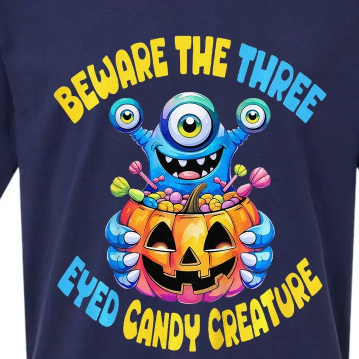 Beware The Three Eyed Candy Creature Cute Halloween Monster Sueded Cloud Jersey T-Shirt