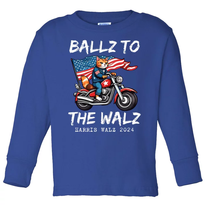 Ballz To The Walz Cat Motorcycle Liberal Vote Kamala Harris Toddler Long Sleeve Shirt