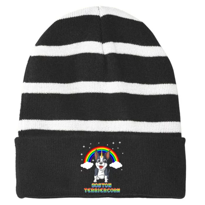 Boston Terrier Unicorn Striped Beanie with Solid Band