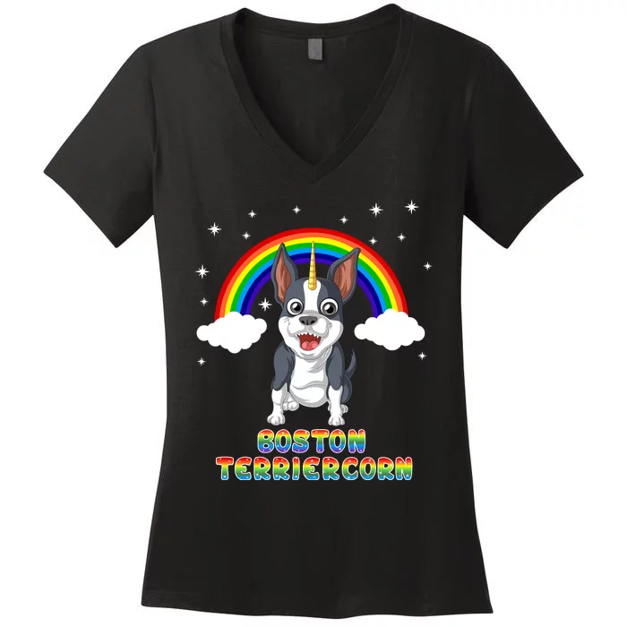 Boston Terrier Unicorn Women's V-Neck T-Shirt